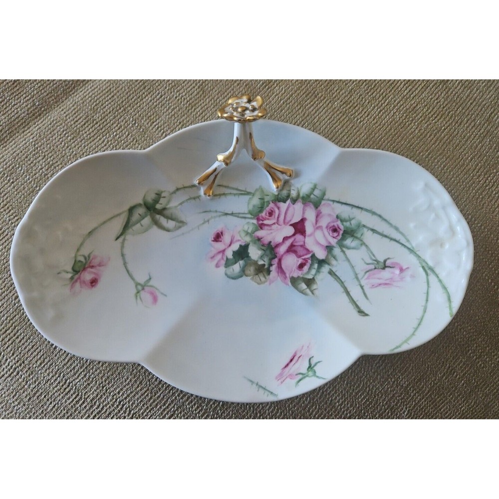 Antique Limoges Finger Loop Handle Dish Hand Painted Pink Floral Signed
